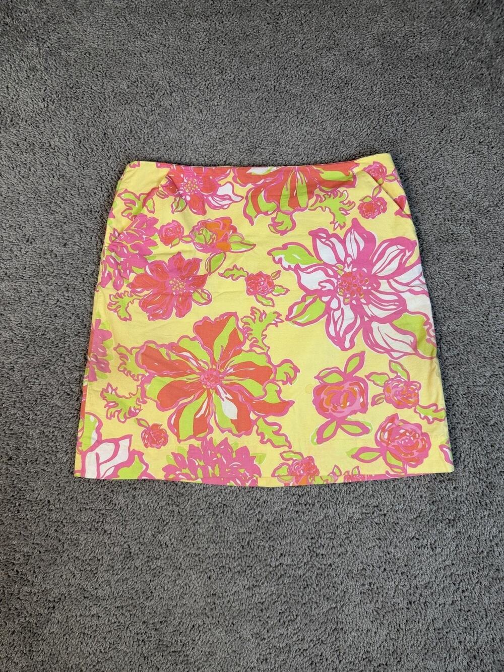 VTG Lilly Pulitzer Skirt Womens 6 Yellow Floral Straight Pencil Short Lined Zip